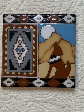 Vintage Earthtones “Serenading Coyotes” Hand Painted Decorative Tile by Krit